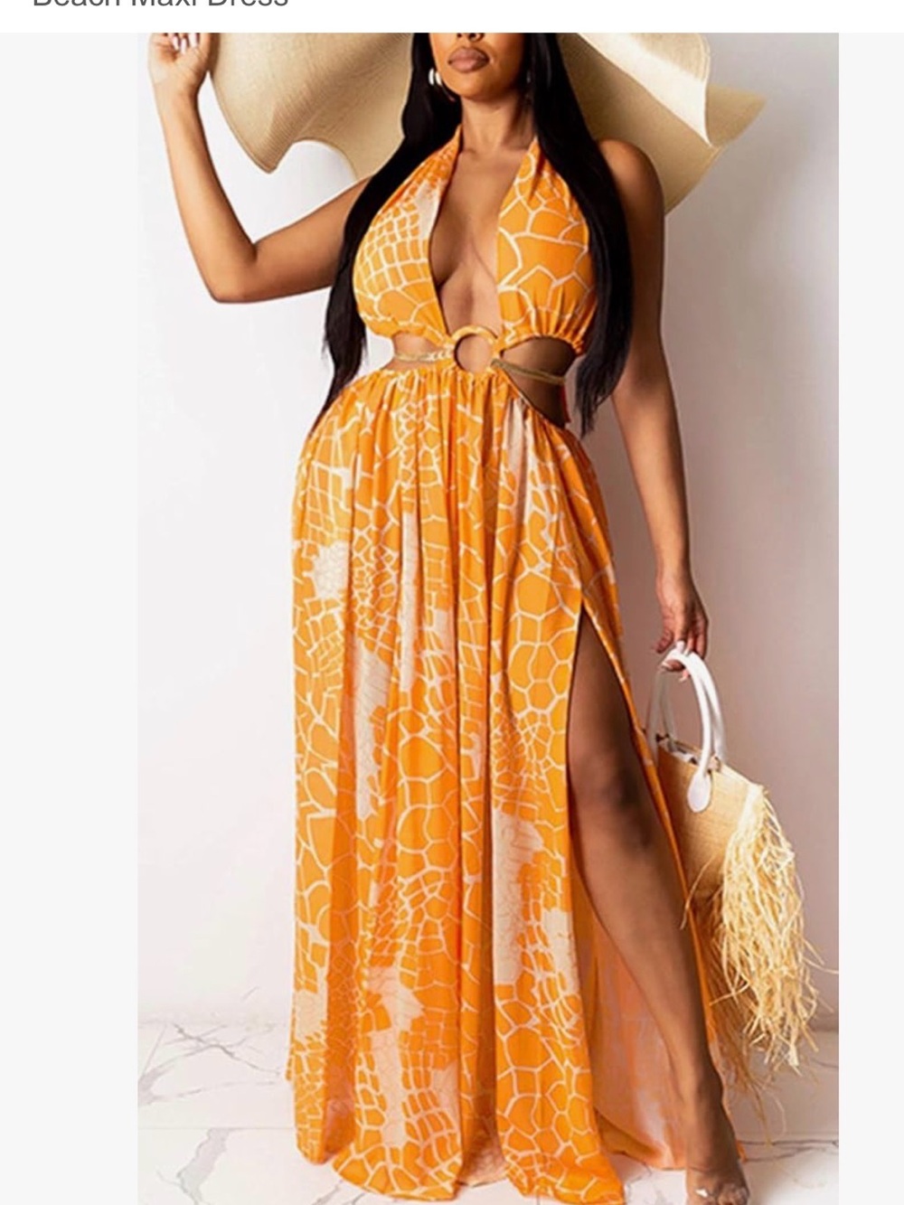 Luxxel Orange and White Halter Cutout Maxi Dress